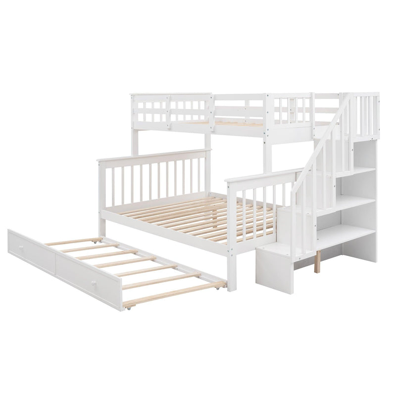 Twin over Full Bunk Bed with Twin size Trundle,Storage Staircase and Guard Rail - White - Urban Living Furniture (Los Angeles, CA)