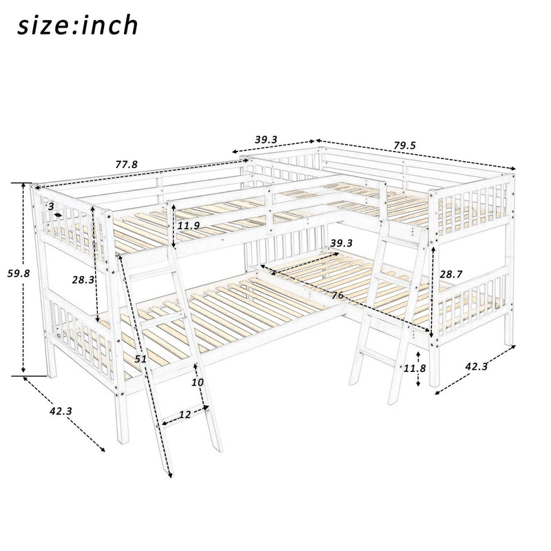 Twin over Twin L-Shaped Bunk Bed with Ladders - Gray