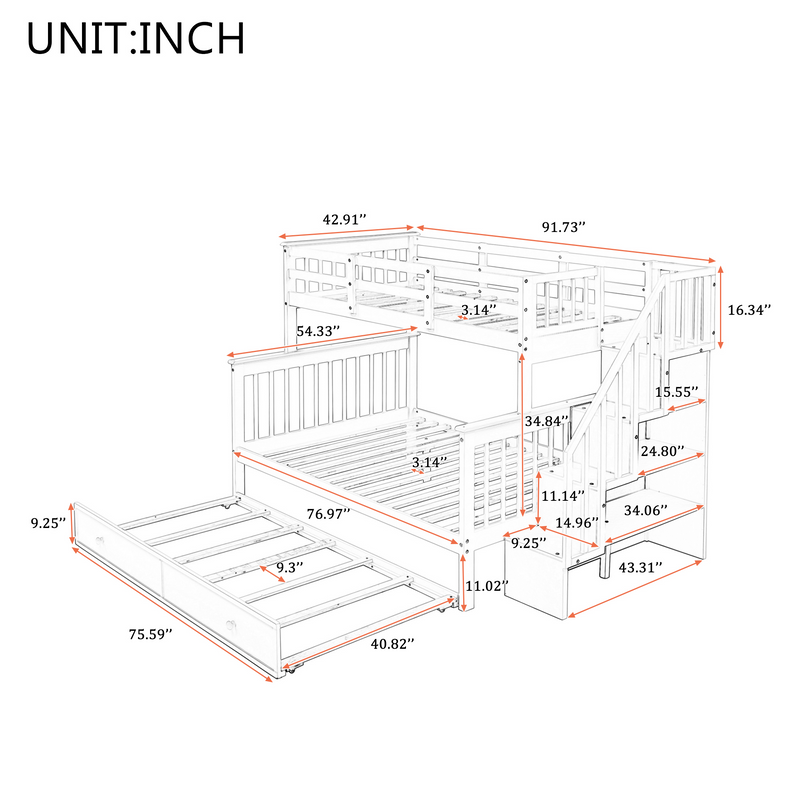 Twin over Full Bunk Bed with Twin size Trundle,Storage Staircase and Guard Rail - Gray