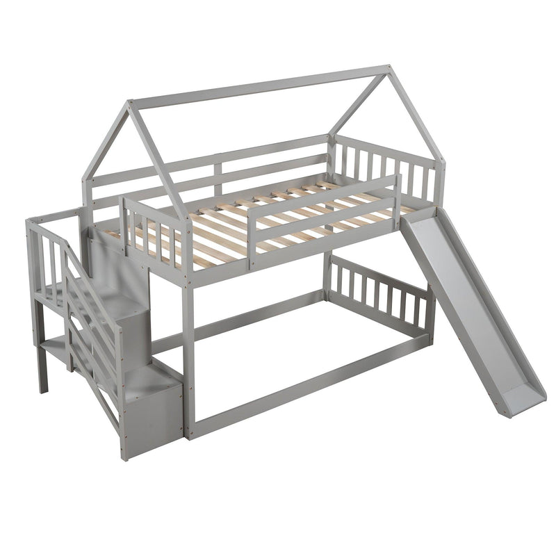 Twin over Twin House Bunk Bed with Slide andStorage Staircase - Gray - Urban Living Furniture (Los Angeles, CA)