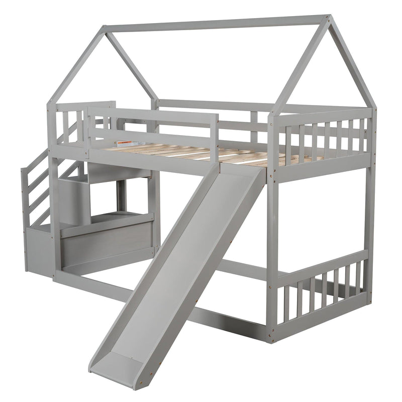 Twin over Twin House Bunk Bed with Slide andStorage Staircase - Gray - Urban Living Furniture (Los Angeles, CA)