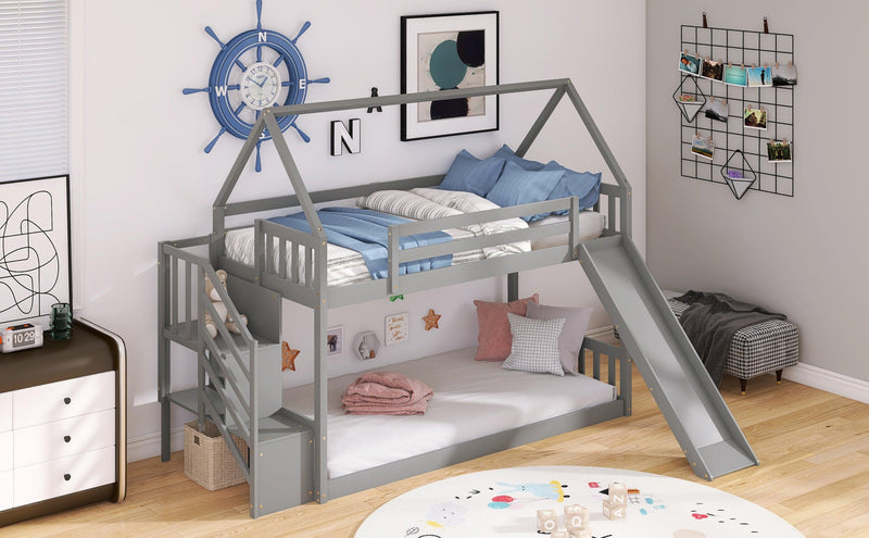 Twin over Twin House Bunk Bed with Slide andStorage Staircase - Gray - Urban Living Furniture (Los Angeles, CA)