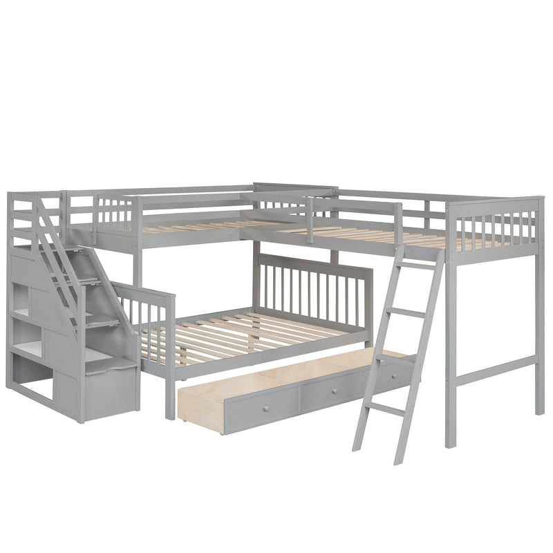 Twin over Full L-Shaped Bunk Bed With 3 Drawers, Ladder and Staircase - Gray - Urban Living Furniture (Los Angeles, CA)