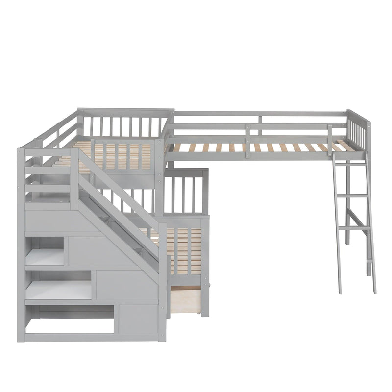 Twin over Full L-Shaped Bunk Bed With 3 Drawers, Ladder and Staircase - Gray - Urban Living Furniture (Los Angeles, CA)