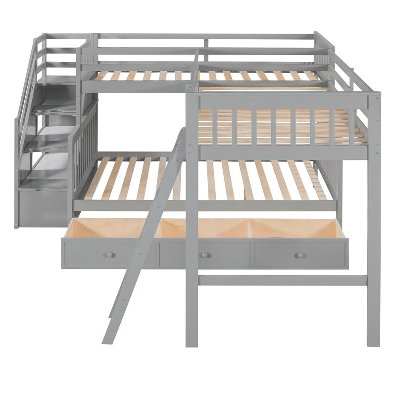 Twin over Full L-Shaped Bunk Bed With 3 Drawers, Ladder and Staircase - Gray - Urban Living Furniture (Los Angeles, CA)