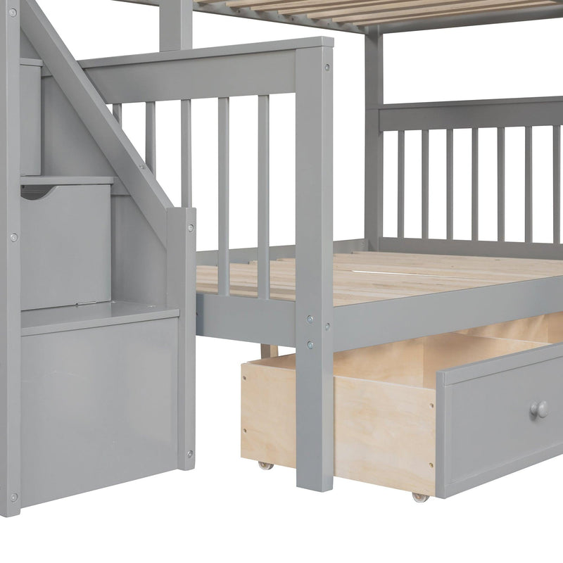 Twin over Full L-Shaped Bunk Bed With 3 Drawers, Ladder and Staircase - Gray - Urban Living Furniture (Los Angeles, CA)