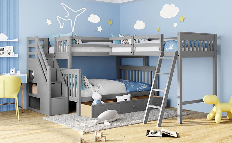 Twin over Full L-Shaped Bunk Bed With 3 Drawers, Ladder and Staircase - Gray - Urban Living Furniture (Los Angeles, CA)