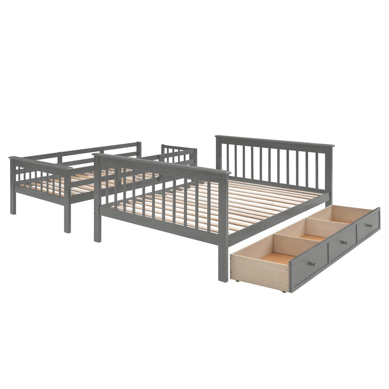 Twin Over Full Bunk Bed with Drawer andStorage Staircase - Gray