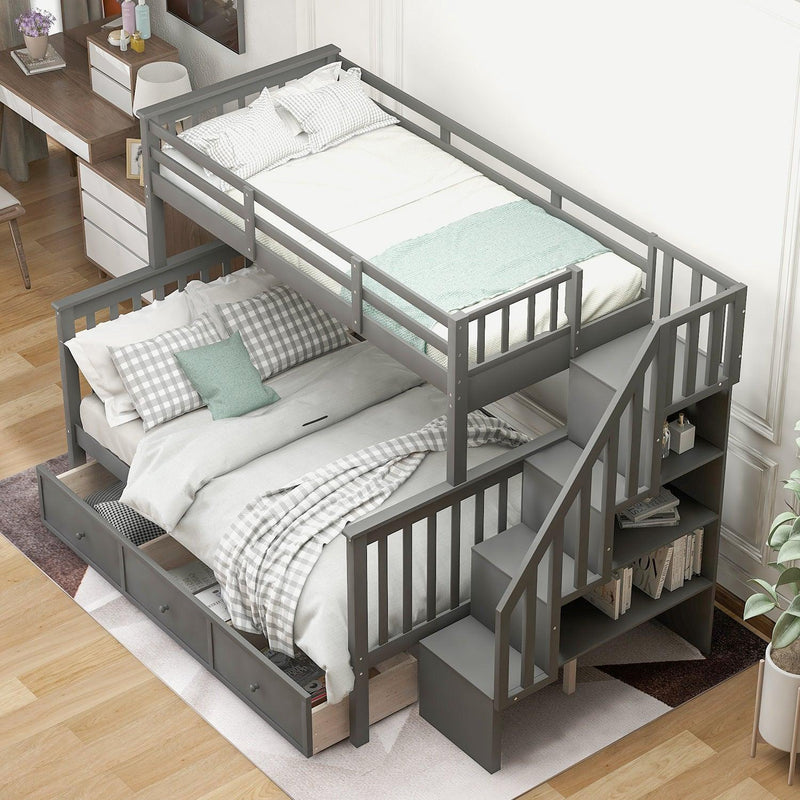 Twin Over Full Bunk Bed with Drawer andStorage Staircase - Gray