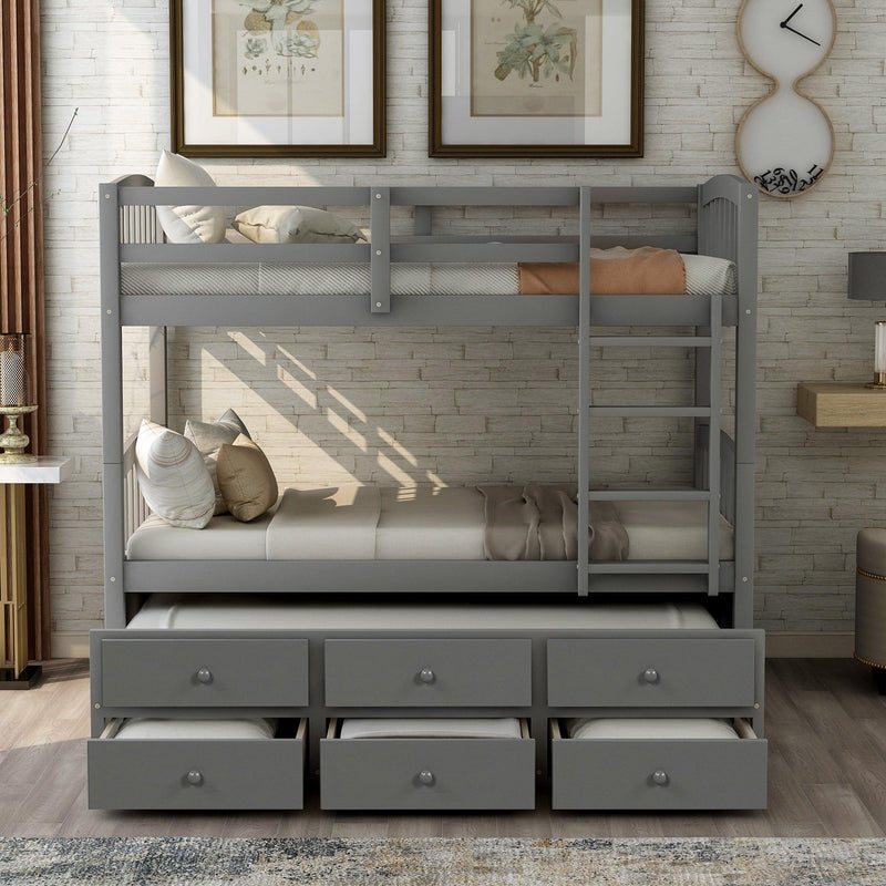 Twin over Twin Bunk Bed with Ladder, Safety Rail, and Twin Trundle Bed with 3 Drawers - Gray - Urban Living Furniture (Los Angeles, CA)