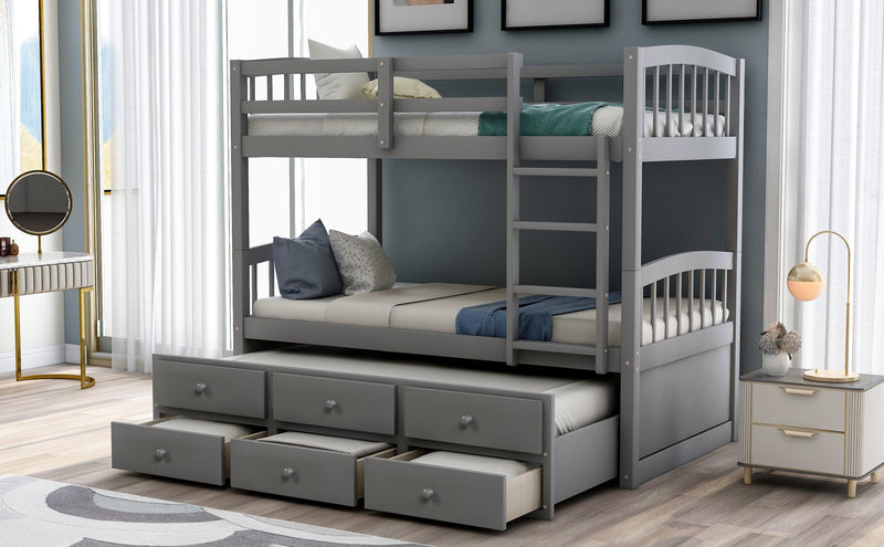 Twin over Twin Bunk Bed with Ladder, Safety Rail, and Twin Trundle Bed with 3 Drawers - Gray - Urban Living Furniture (Los Angeles, CA)