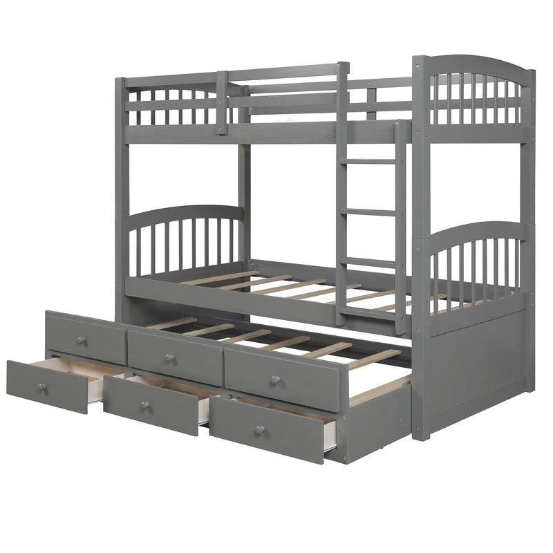 Twin over Twin Bunk Bed with Ladder, Safety Rail, and Twin Trundle Bed with 3 Drawers - Gray