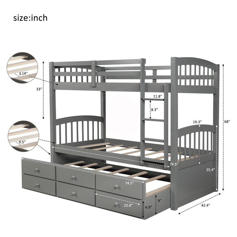 Twin over Twin Bunk Bed with Ladder, Safety Rail, and Twin Trundle Bed with 3 Drawers - Gray - Urban Living Furniture (Los Angeles, CA)