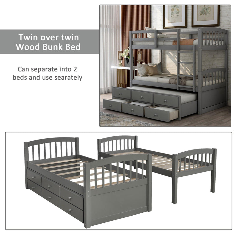 Twin over Twin Bunk Bed with Ladder, Safety Rail, and Twin Trundle Bed with 3 Drawers - Gray