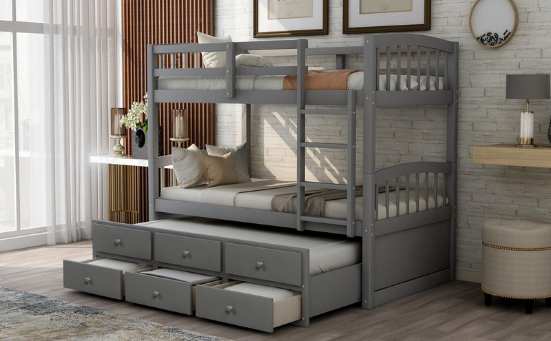 Twin over Twin Bunk Bed with Ladder, Safety Rail, and Twin Trundle Bed with 3 Drawers - Gray