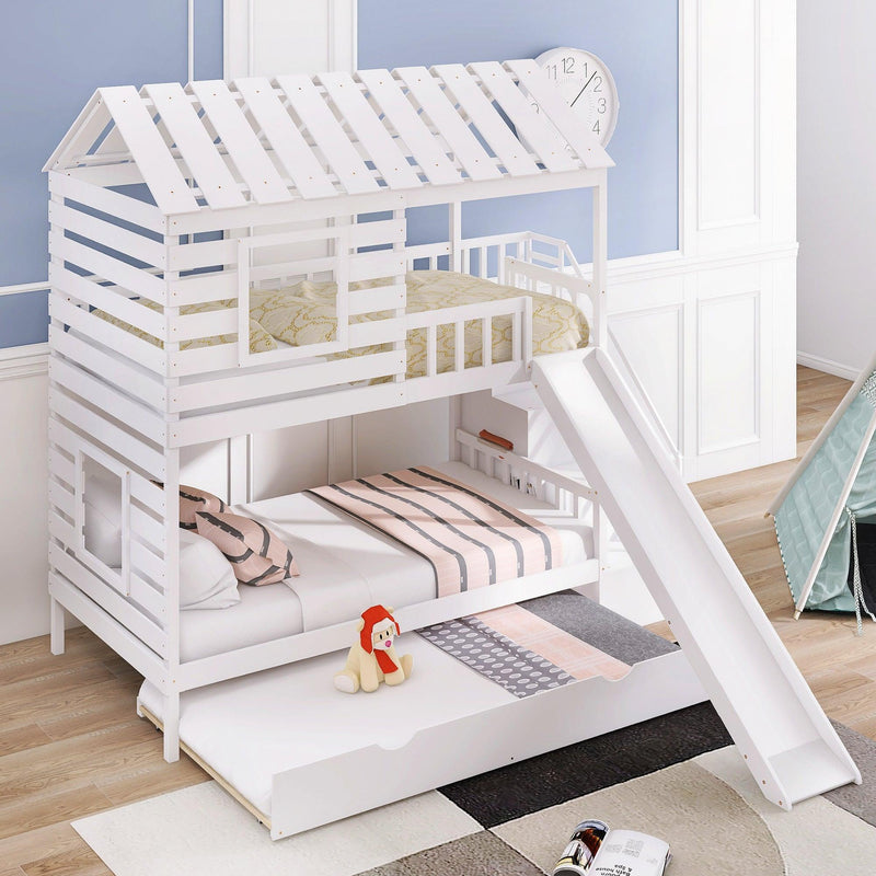 Twin over Twin House Shaped Bunk Bed with Twin Size Trundle, Slide,Storage Staircase - White