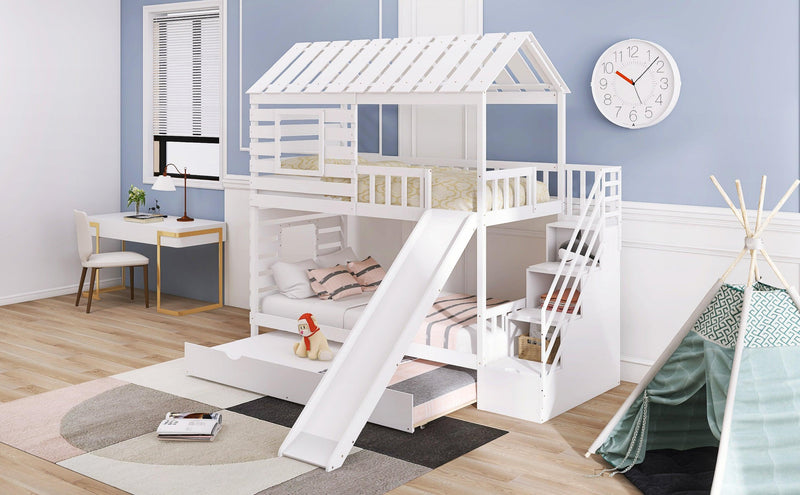 Twin over Twin House Shaped Bunk Bed with Twin Size Trundle, Slide,Storage Staircase - White