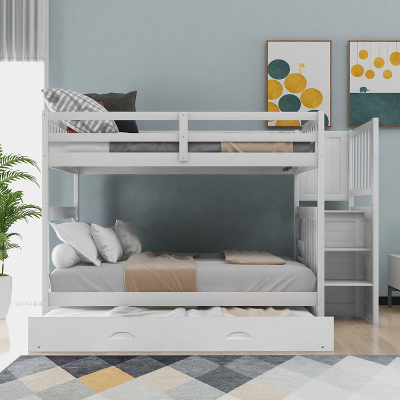 Full over Full Convertible Bunk Bed with Twin Size Trundle and Staircase Drawers - White - Urban Living Furniture (Los Angeles, CA)