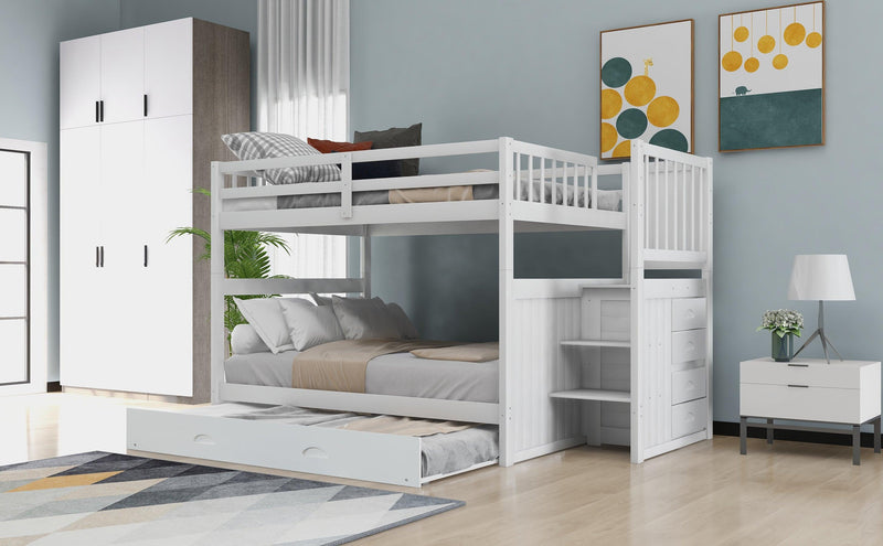 Full over Full Convertible Bunk Bed with Twin Size Trundle and Staircase Drawers - White - Urban Living Furniture (Los Angeles, CA)