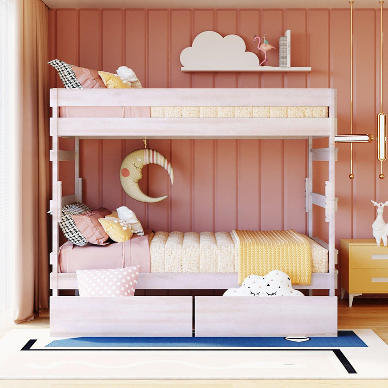 Full over Full Wood Bunk Bed with 2 Drawers - White