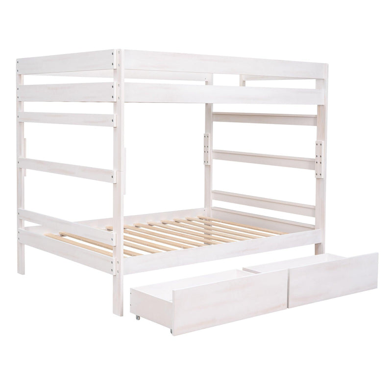 Full over Full Wood Bunk Bed with 2 Drawers - White