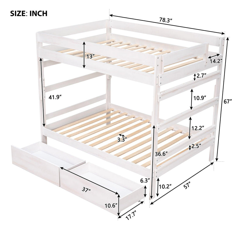 Full over Full Wood Bunk Bed with 2 Drawers - White