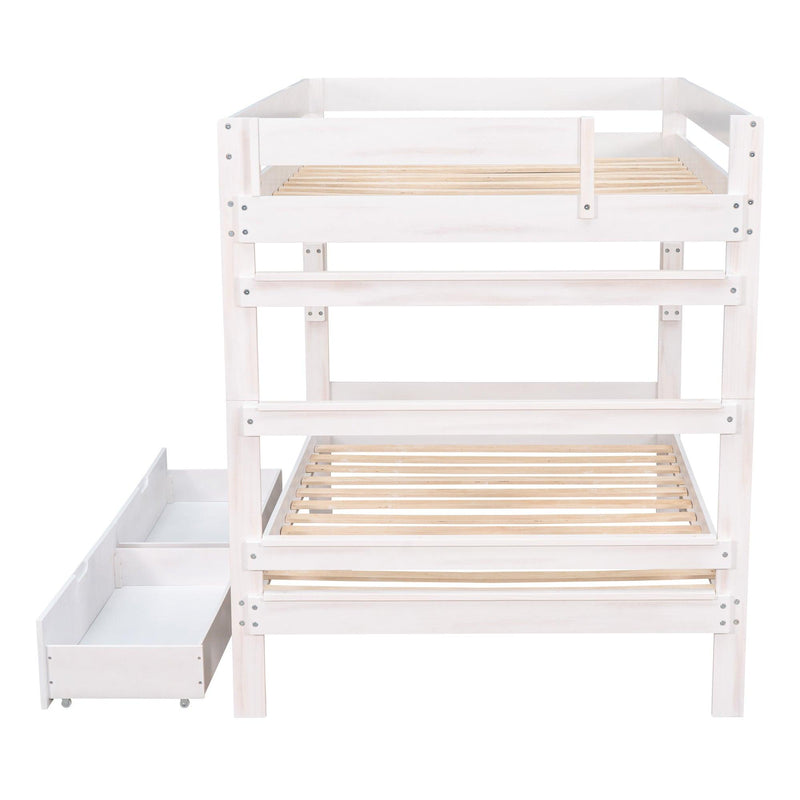 Full over Full Wood Bunk Bed with 2 Drawers - White