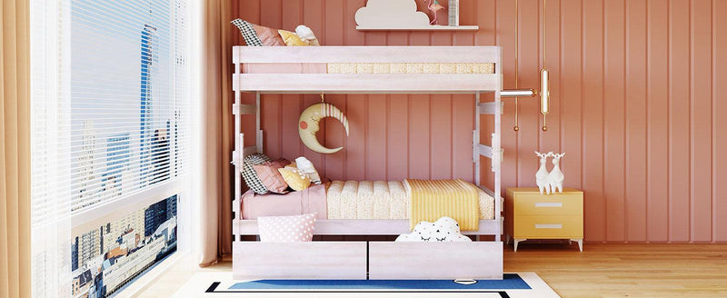 Full over Full Wood Bunk Bed with 2 Drawers - White
