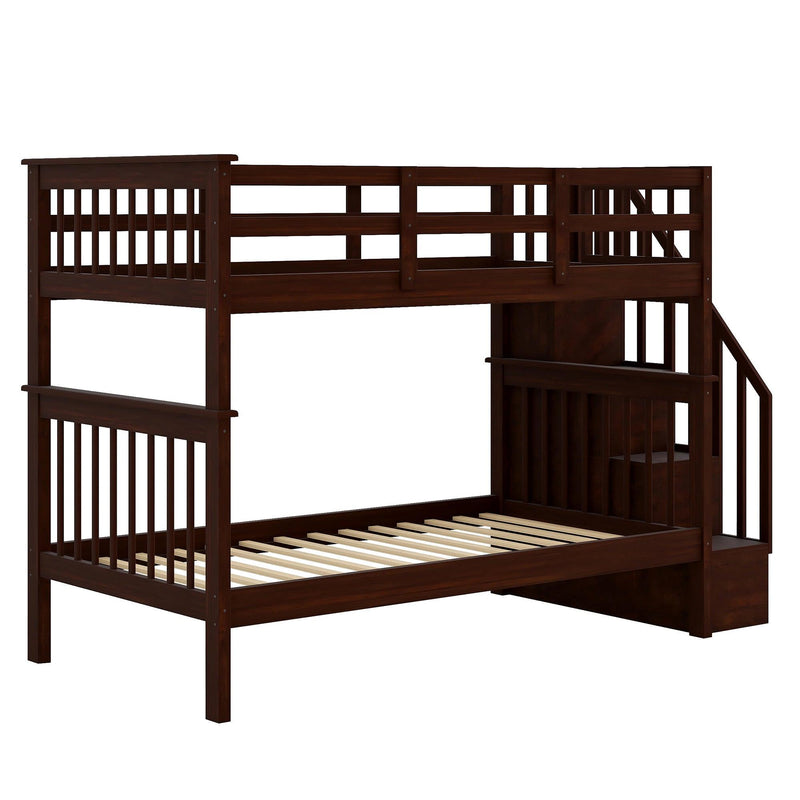 Twin Over Twin Bunk Bed withStorage Staircase and Guard Rail - Espresso color - Urban Living Furniture (Los Angeles, CA)