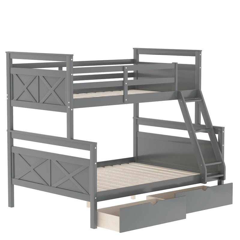 Twin over Full Bunk Bed with Ladder, TwoStorage Drawers and Safety Guardrail - Gray