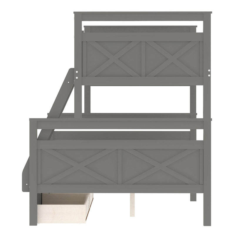 Twin over Full Bunk Bed with Ladder, TwoStorage Drawers and Safety Guardrail - Gray