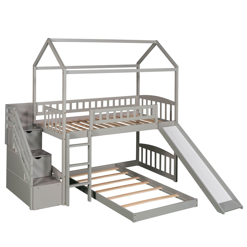 Twin Over Twin House Shaped Bunk Bed with Staircase Drawers and Slide - White