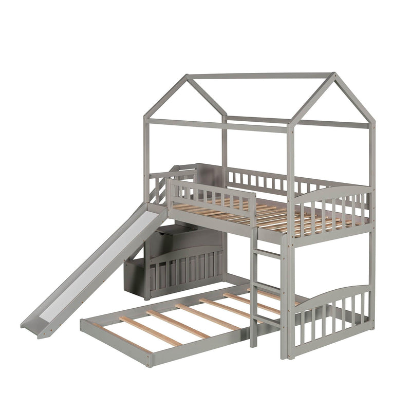 Twin Over Twin House Shaped Bunk Bed with Staircase Drawers and Slide - White