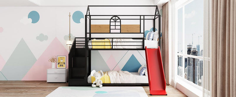 Twin Over Twin House Shaped Metal Bunk Bed withStorage Drawers and Red Slide - Black - Urban Living Furniture (Los Angeles, CA)