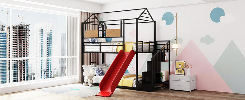 Twin Over Twin House Shaped Metal Bunk Bed withStorage Drawers and Red Slide - Black - Urban Living Furniture (Los Angeles, CA)