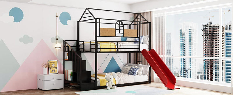 Twin Over Twin House Shaped Metal Bunk Bed withStorage Drawers and Red Slide - Black