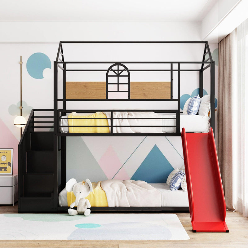 Twin Over Twin House Shaped Metal Bunk Bed withStorage Drawers and Red Slide - Black - Urban Living Furniture (Los Angeles, CA)