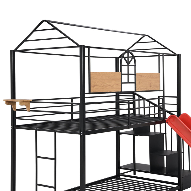 Twin Over Twin House Shaped Metal Bunk Bed withStorage Drawers and Red Slide - Black - Urban Living Furniture (Los Angeles, CA)