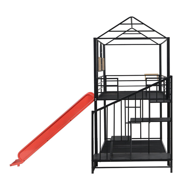 Twin Over Twin House Shaped Metal Bunk Bed withStorage Drawers and Red Slide - Black - Urban Living Furniture (Los Angeles, CA)