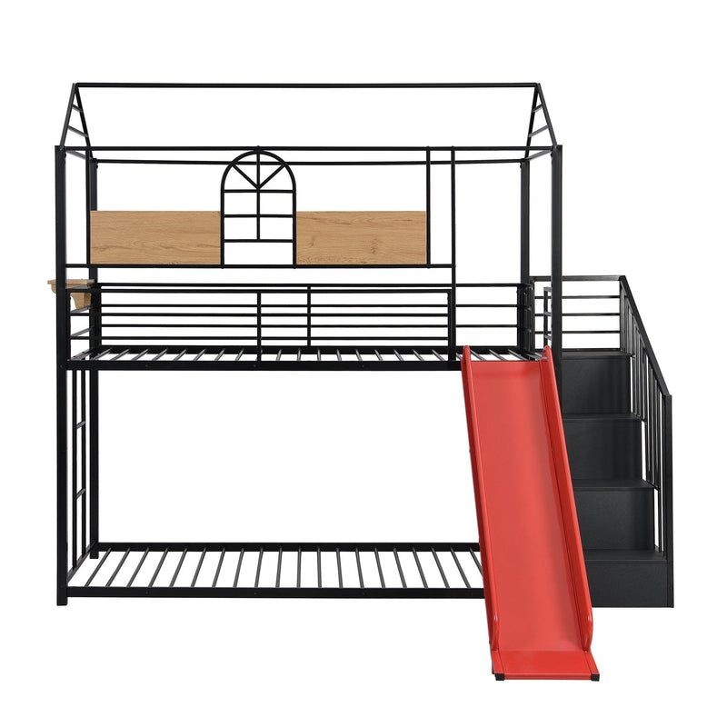 Twin Over Twin House Shaped Metal Bunk Bed withStorage Drawers and Red Slide - Black
