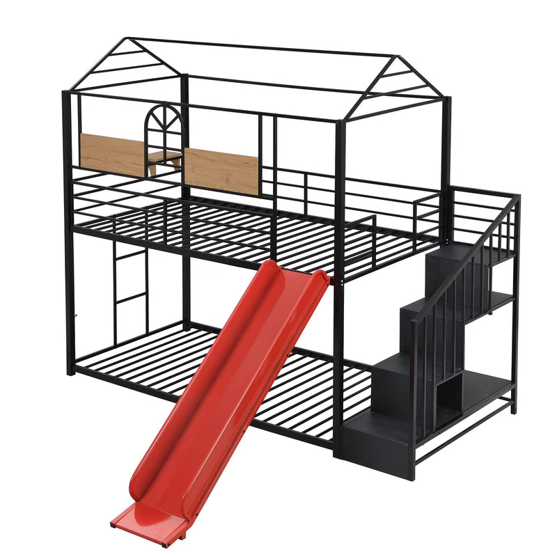 Twin Over Twin House Shaped Metal Bunk Bed withStorage Drawers and Red Slide - Black - Urban Living Furniture (Los Angeles, CA)