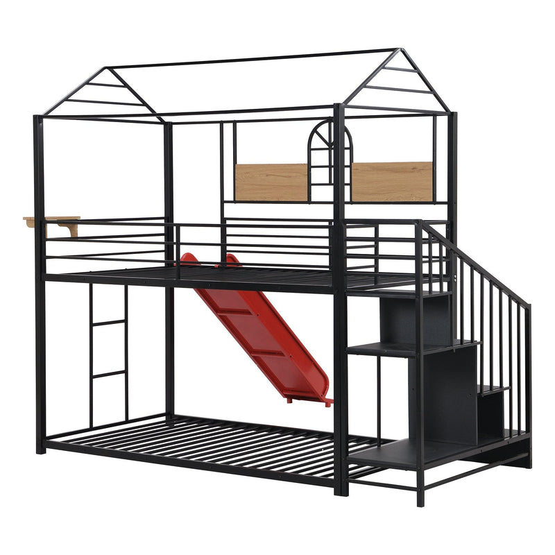 Twin Over Twin House Shaped Metal Bunk Bed withStorage Drawers and Red Slide - Black - Urban Living Furniture (Los Angeles, CA)