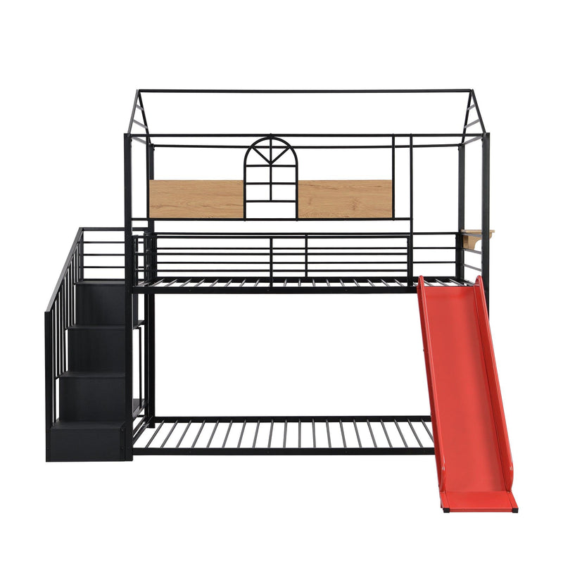 Twin Over Twin House Shaped Metal Bunk Bed withStorage Drawers and Red Slide - Black - Urban Living Furniture (Los Angeles, CA)