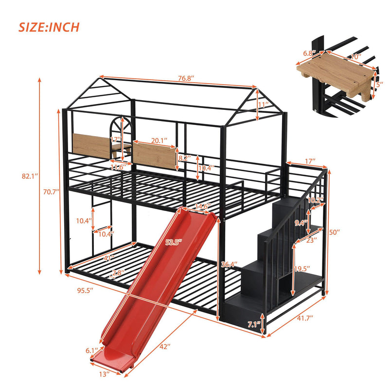 Twin Over Twin House Shaped Metal Bunk Bed withStorage Drawers and Red Slide - Black - Urban Living Furniture (Los Angeles, CA)