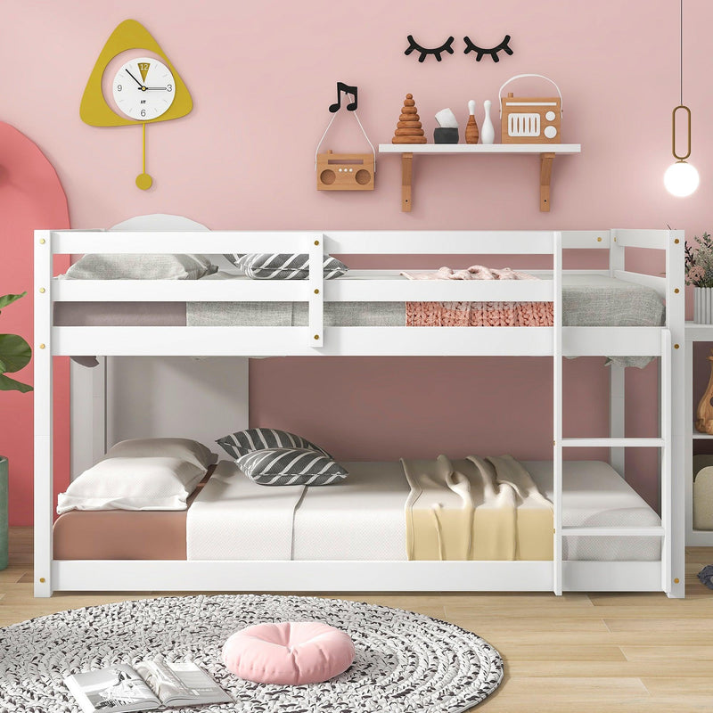 Twin over Twin Floor Bunk Bed with Ladder - White - Urban Living Furniture (Los Angeles, CA)