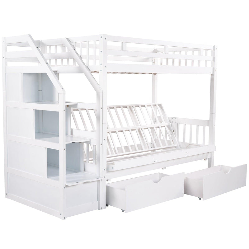 Twin over Full Convertible Bunk Bed withStorage Staircase and Drawers - White