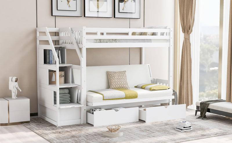 Twin over Full Convertible Bunk Bed withStorage Staircase and Drawers - White - Urban Living Furniture (Los Angeles, CA)