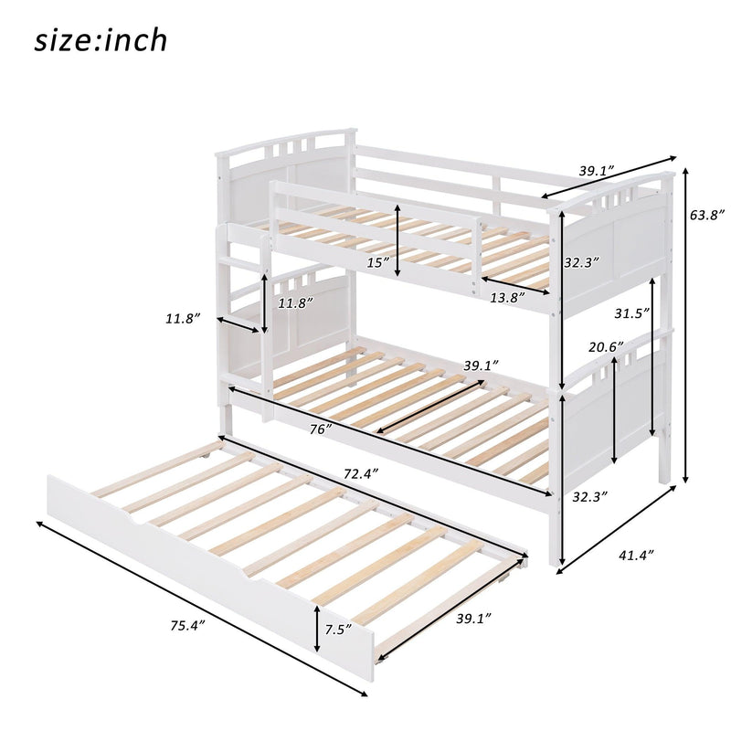 Twin Over Twin Convertible Bunk Bed with Twin Size Trundle and Ladder - White - Urban Living Furniture (Los Angeles, CA)