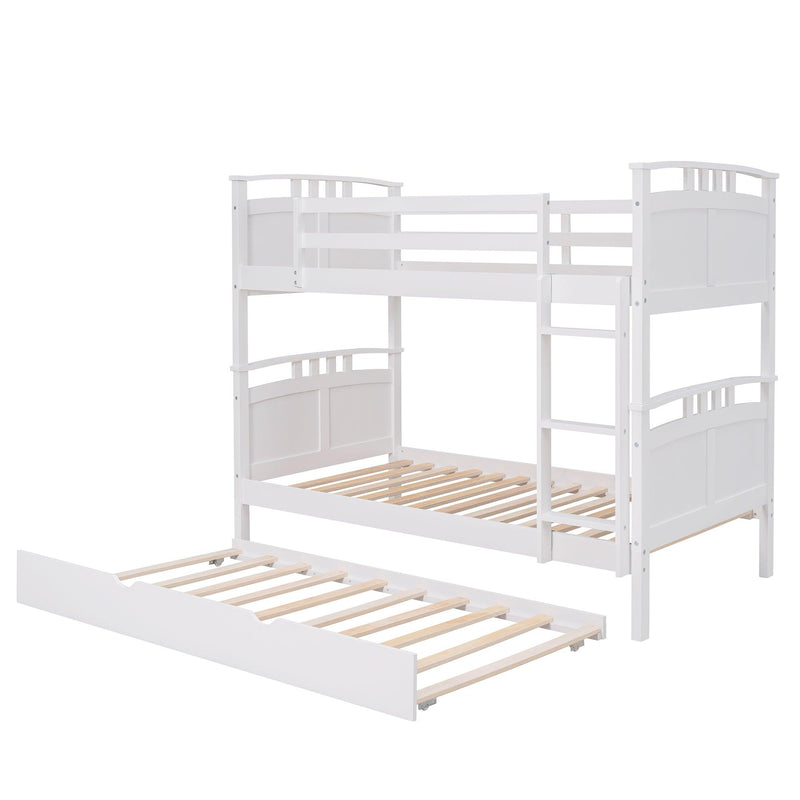 Twin Over Twin Convertible Bunk Bed with Twin Size Trundle and Ladder - White