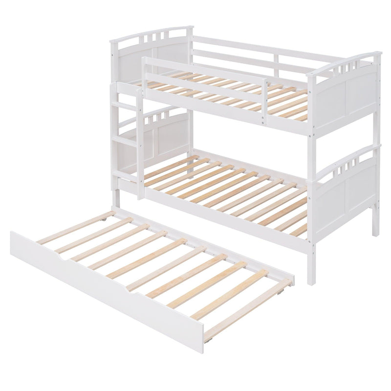 Twin Over Twin Convertible Bunk Bed with Twin Size Trundle and Ladder - White